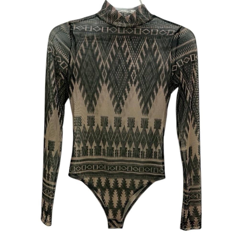 Nylon Apparel Southwest Aztec‎ Print Mesh Sheer Bodysuit Mock Neck Medium